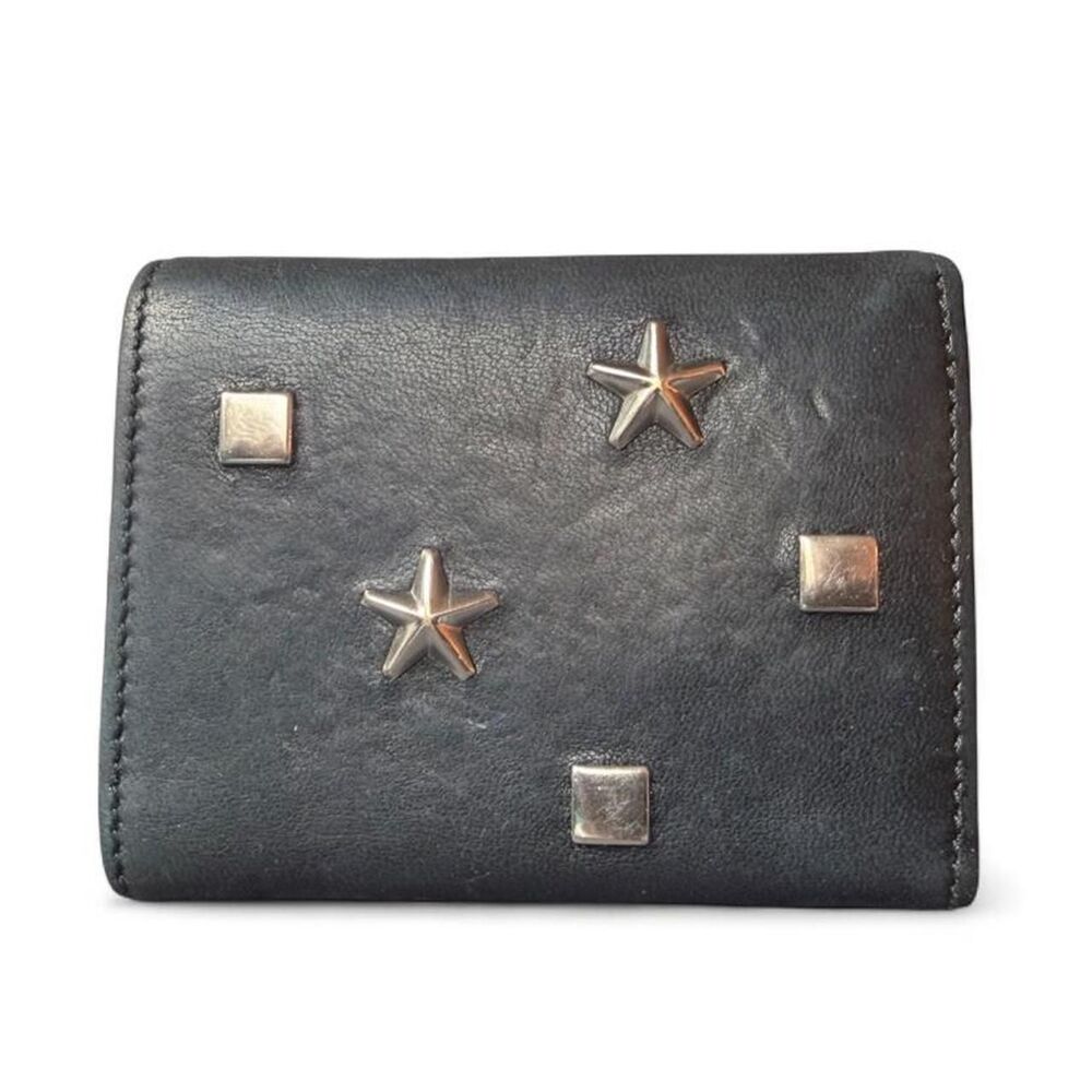 Jimmy Choo Black Leather Studded Star Wallet Compact Trifold Made Italy